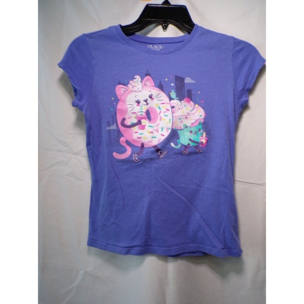 The Children's Place Girls Cat Donut Graphic Tee Purple Short Sleeve 10 12